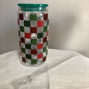 Colorful Checkered Glass Jar with Straw